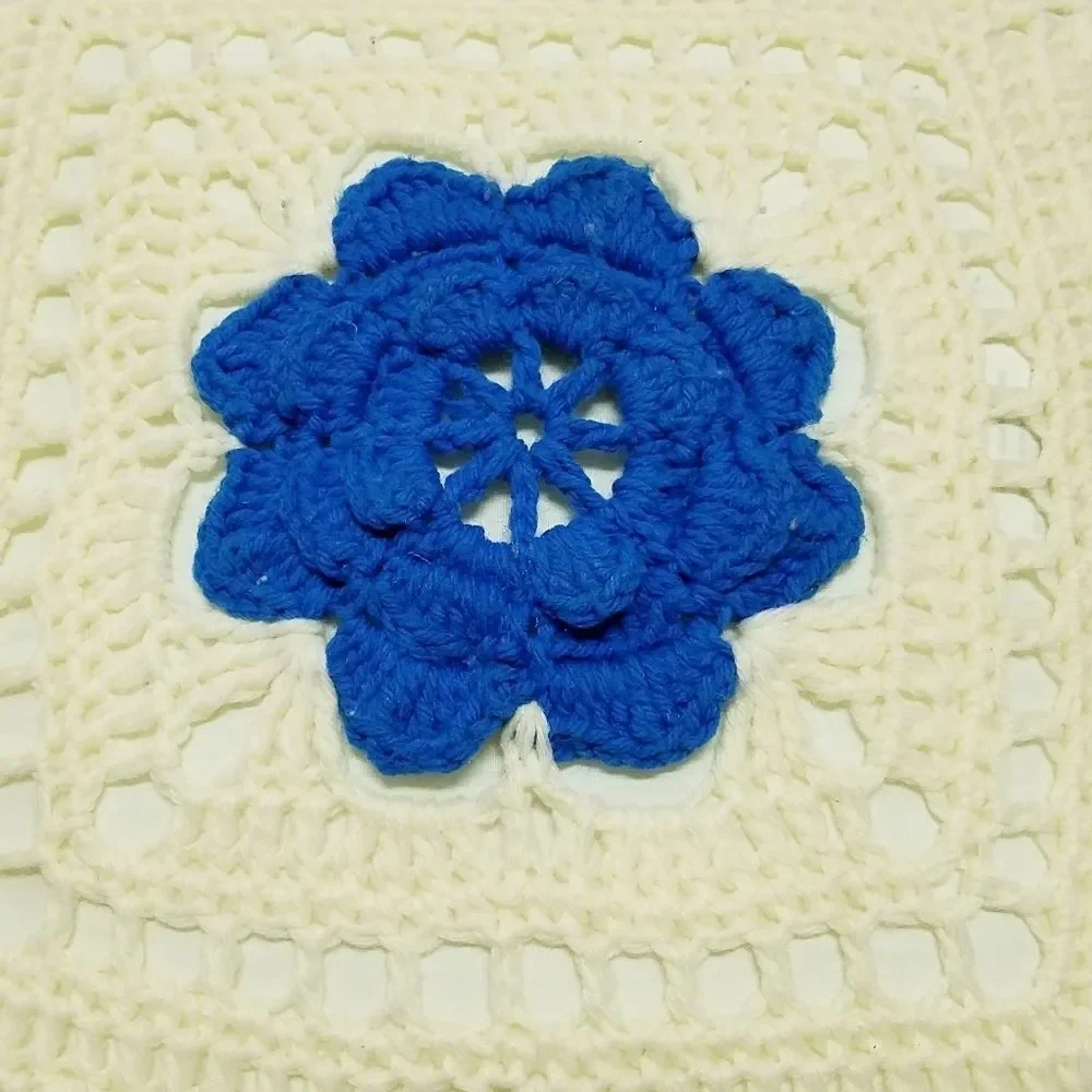 VINTAGE Blue Cream Floral Handmade Crochet Pillow